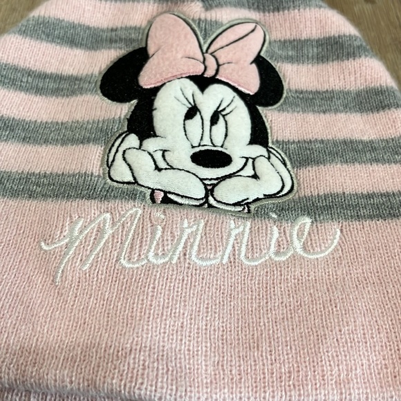 Disney Minnie Mouse Striped Pom Pom Beanie Hat Grey and Pink Hat size 2T-5T - Picture 2 of 6
